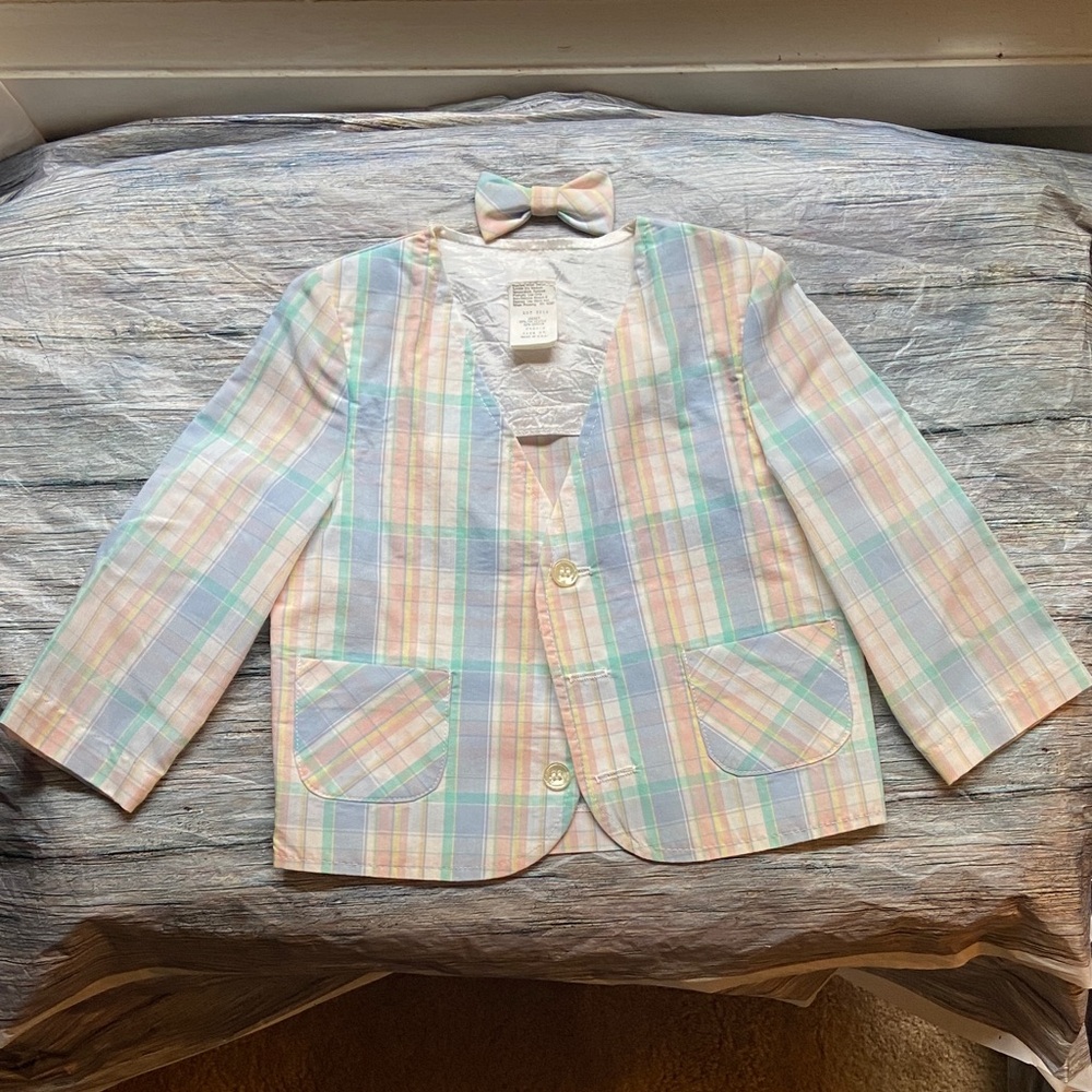 Vintage Charming Pastel Plaid Kids Blazer with Bow Tie